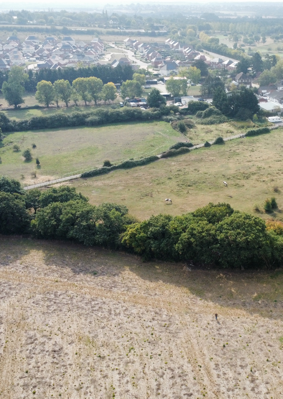 Aerial photograph looking across the open agricultural land at Malgraves Cottages towards Lower Dunton Road and neighbouring housing.
